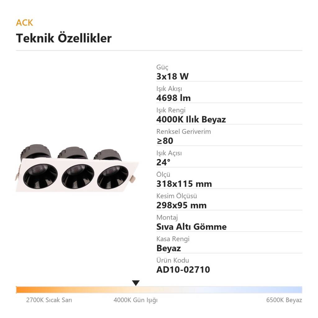 ACK 3x18W 4000K Ilık Beyaz 4698lm Kamaşma Önleyici Üçlü Sıva Altı Spot (318x115 mm Beyaz Kasa) AD10-02710 - 4