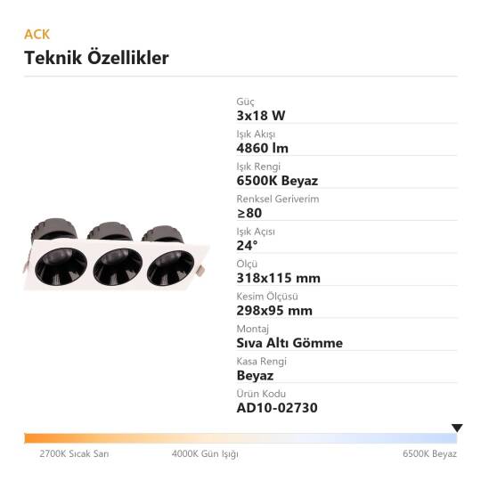 ACK 3x18W 6500K Beyaz 4860lm Kamaşma Önleyici Üçlü Sıva Altı Spot (318x115 mm Beyaz Kasa) AD10-02730 - 4