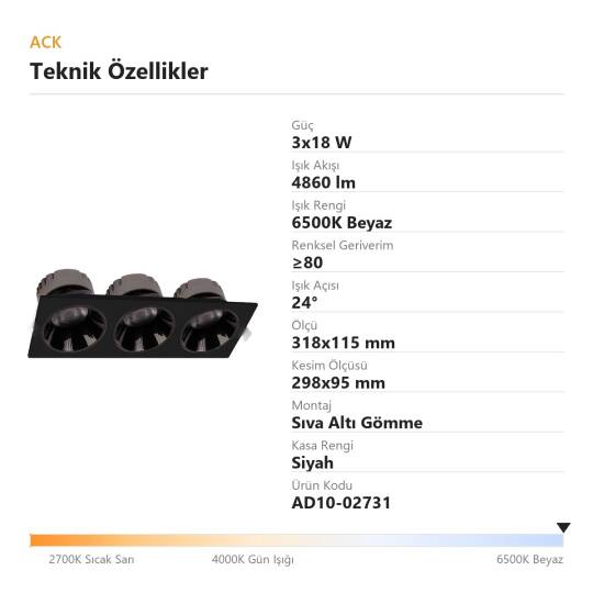 ACK 3x18W 6500K Beyaz 4860lm Kamaşma Önleyici Üçlü Sıva Altı Spot (318x115 mm Siyah Kasa) AD10-02731 - 4
