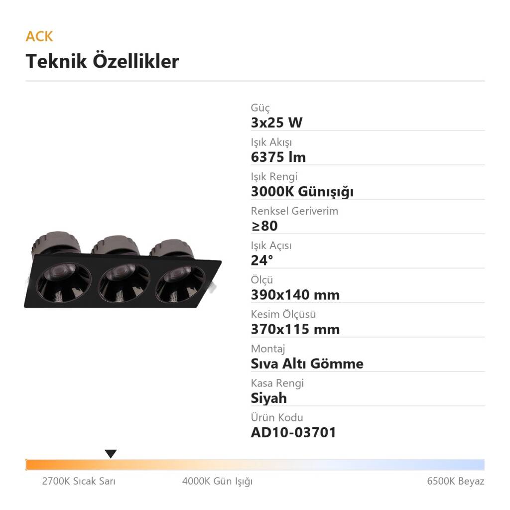 ACK 3x25W 3000K Günışığı 6375lm Kamaşma Önleyici Üçlü Sıva Altı Spot (390x140 mm Siyah Kasa) AD10-03701 - 4