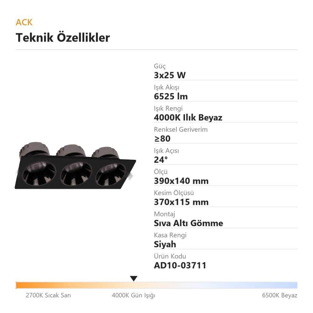 ACK 3x25W 4000K Ilık Beyaz 6525lm Kamaşma Önleyici Üçlü Sıva Altı Spot (390x140 mm Siyah Kasa) AD10-03711 - 4