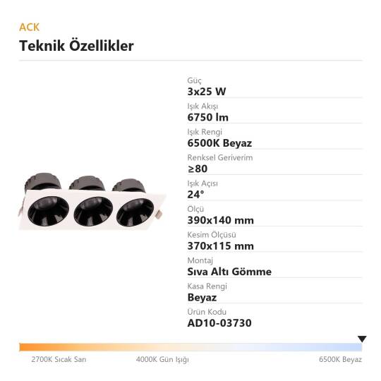 ACK 3x25W 6500K Beyaz 6750lm Kamaşma Önleyici Üçlü Sıva Altı Spot (390x140 mm Beyaz Kasa) AD10-03730 - 4
