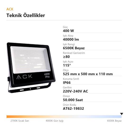 ACK 400W 6500K Beyaz LED Projektör AT62-19832 - 4