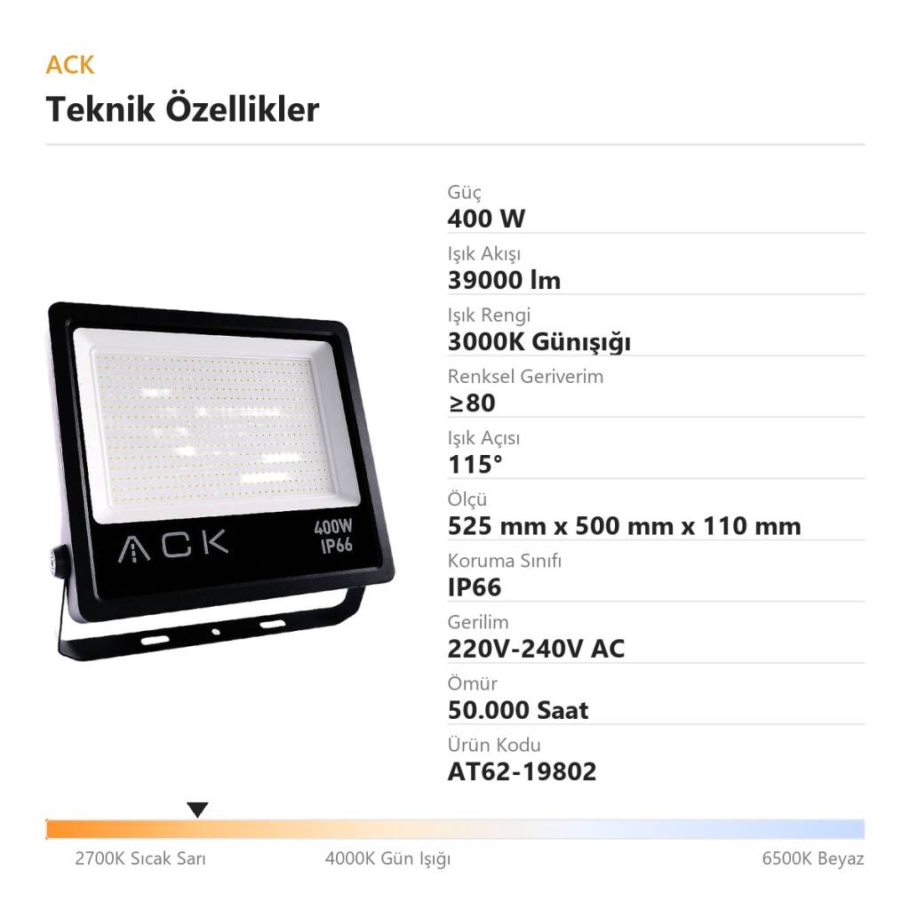 ACK 400W 3000K Günışığı LED Projektör AT62-19802 - 4