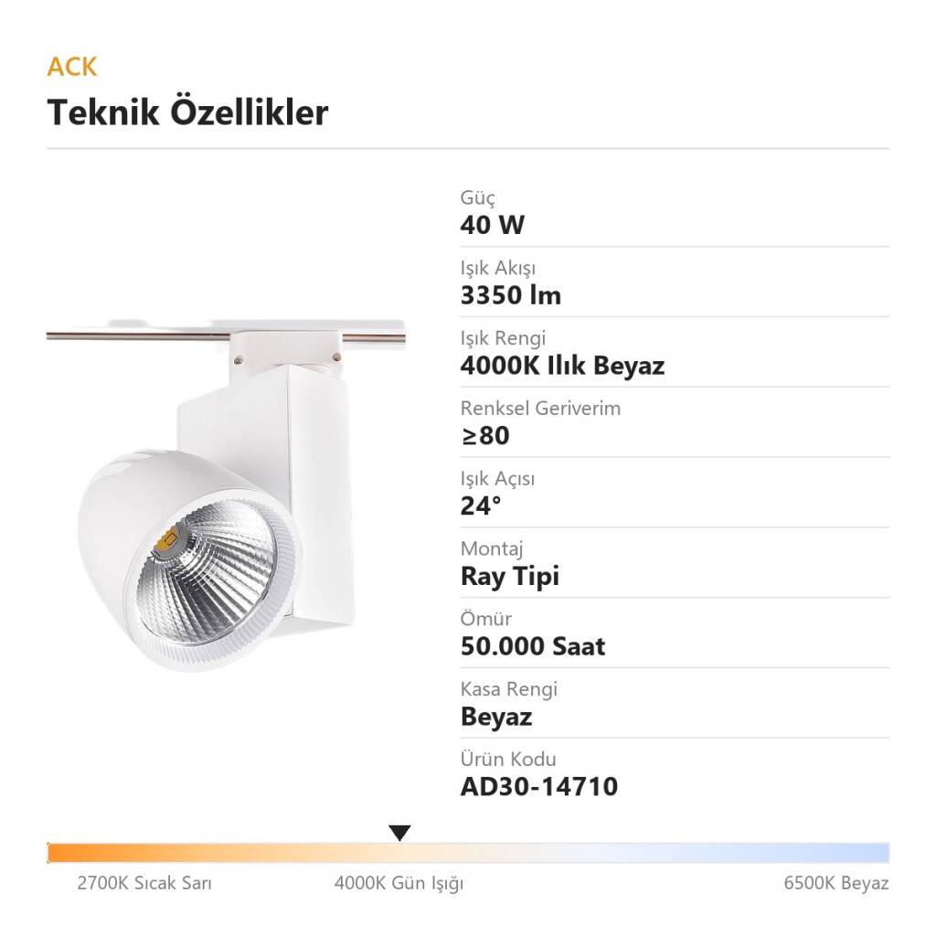 ACK 40W 4000K Ilık Beyaz LED Ray Armatürü Spot Lamba (Beyaz Kasa) AD30-14710 - 4