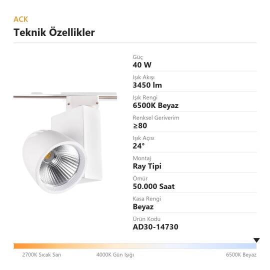 ACK 40W 6500K Beyaz LED Ray Armatürü Spot Lamba (Beyaz Kasa) AD30-14730 - 4