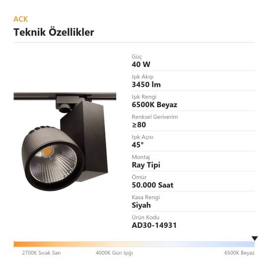 ACK 40W 6500K Beyaz LED Ray Armatürü Spot Lamba (Siyah Kasa) AD30-14931 - 4