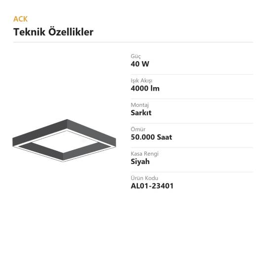 ACK 40W Geniş Çaplı Dekoratif Linear Sarkıt Armatür 50cmx50cm Çerçeve Kare Siyah Kasa AL01-23401 - 4