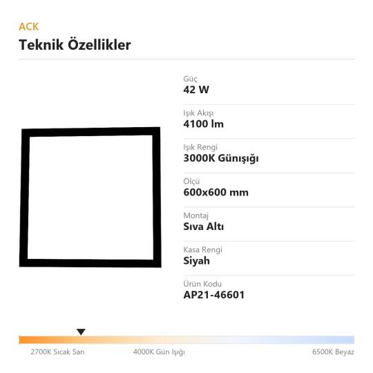 ACK 42W 3000K Günışığı Clip-in Sıva Altı Led Panel (600x600 Siyah Kasa) AP21-46601 - 4