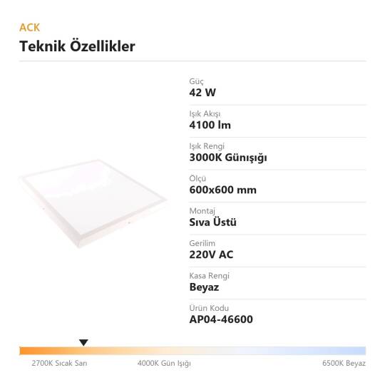 ACK 42W 3000K Günışığı Sıva Üstü Led Panel (600x600 Beyaz Kasa) AP04-46600 - 4