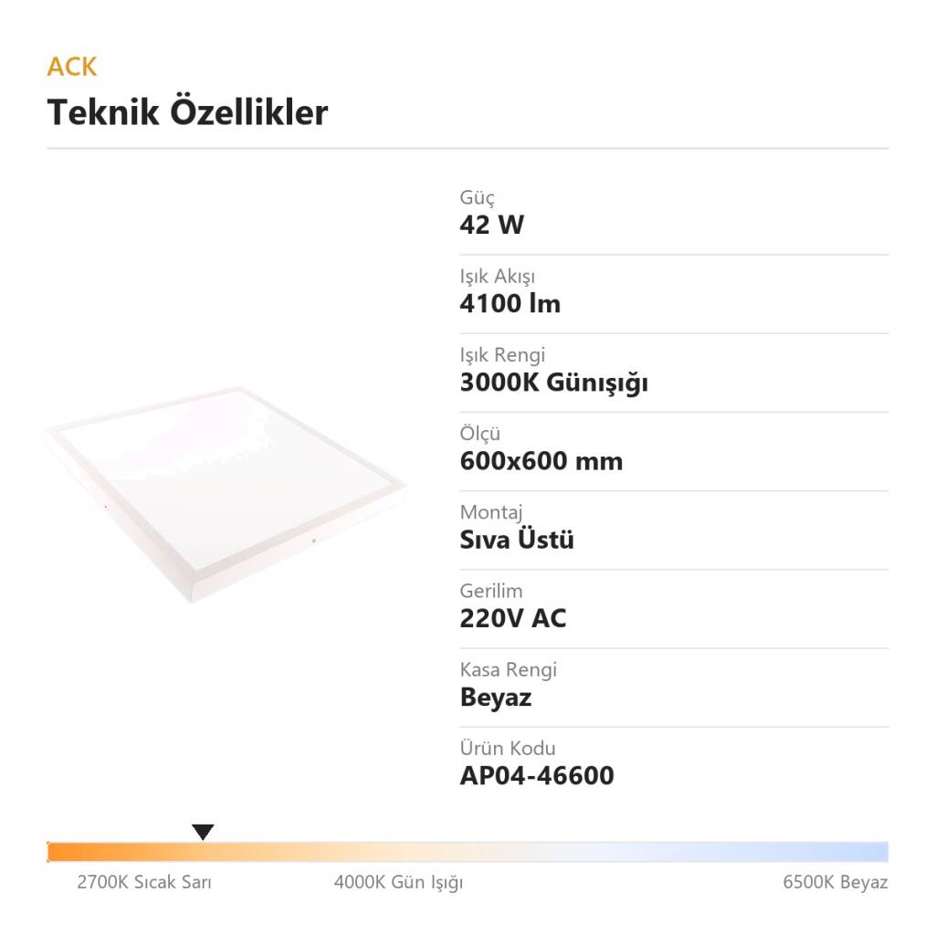 ACK 42W 3000K Günışığı Sıva Üstü Led Panel (600x600 Beyaz Kasa) AP04-46600 - 4