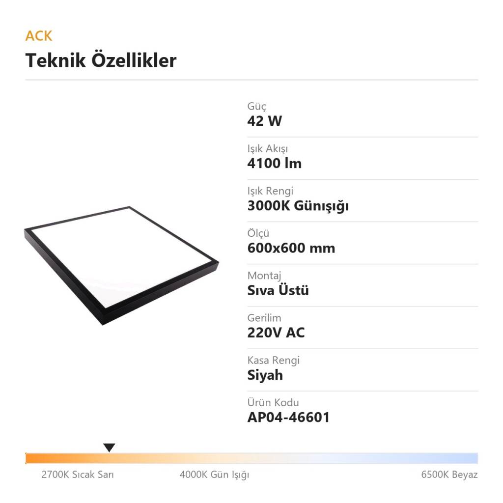 ACK 42W 3000K Günışığı Sıva Üstü Led Panel (600x600 Siyah Kasa) AP04-46601 - 4