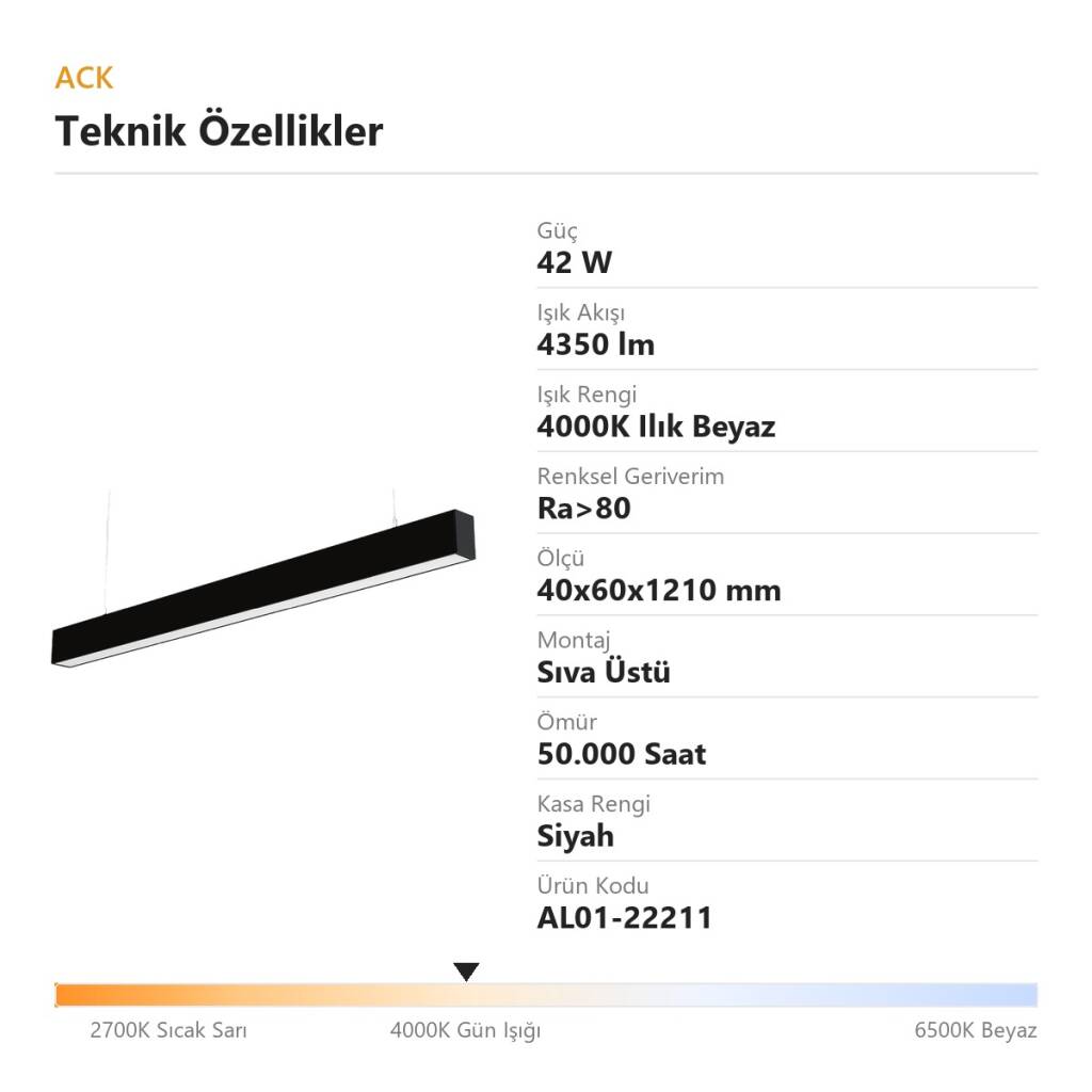 ACK 42W 4000K Ilık Beyaz 40x60x1210 mm Sıva Üstü / Sarkıt Linear (Lineer) Armatür Siyah Kasa AL01-22211 - 4