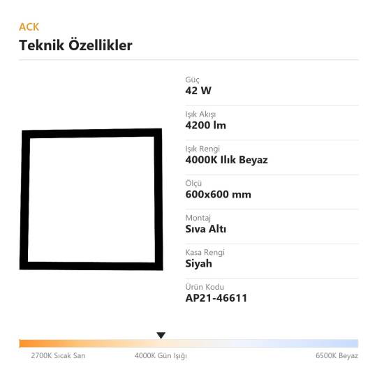 ACK 42W 4000K Ilık Beyaz Clip-in Sıva Altı Led Panel (600x600 Siyah Kasa) AP21-46611 - 4