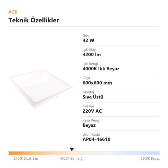 ACK 42W 4000K Ilık Beyaz Sıva Üstü Led Panel (600x600 Beyaz Kasa) AP04-46610 - 4