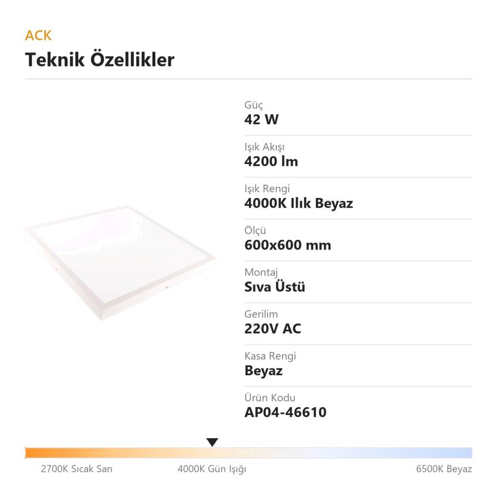 ACK 42W 4000K Ilık Beyaz Sıva Üstü Led Panel (600x600 Beyaz Kasa) AP04-46610 - 4