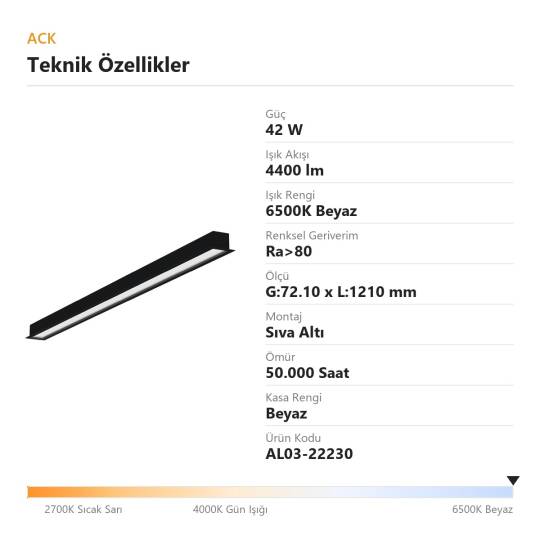 ACK 42W 6500K Beyaz G:72.10 x L:1210 mm Sıva Altı (Gömme) Linear (Lineer) Armatür Beyaz Kasa AL03-22230 - 4