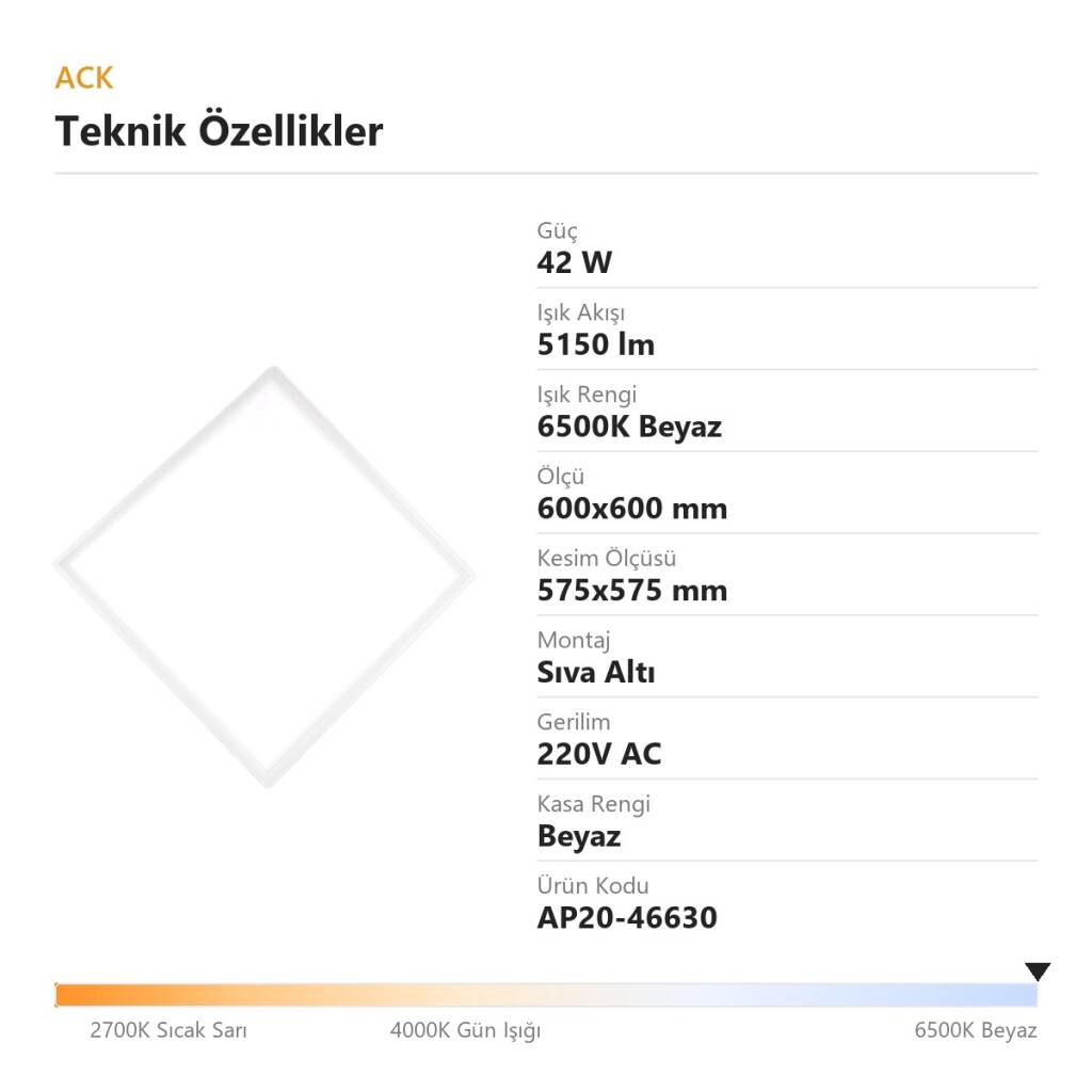 ACK 42W 6500K Beyaz Sıva Altı Led Panel (600x600 Beyaz Kasa) AP20-46630 - 4