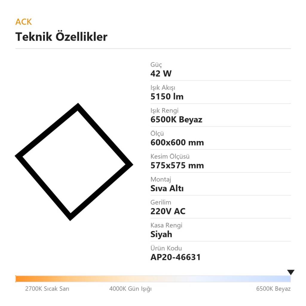 ACK 42W 6500K Beyaz Sıva Altı Led Panel (600x600 Siyah Kasa) AP20-46631 - 4