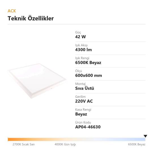 ACK 42W 6500K Beyaz Sıva Üstü Led Panel (600x600 Beyaz Kasa) AP04-46630 - 4
