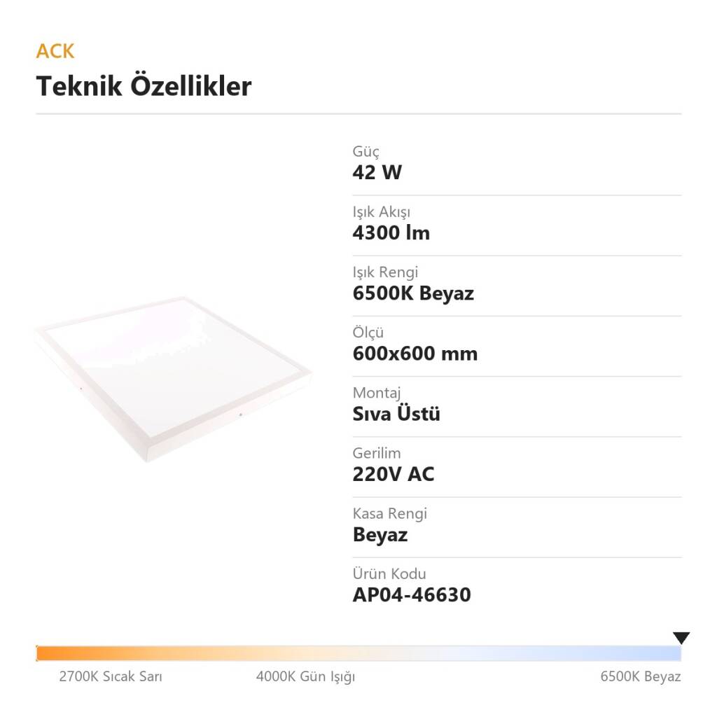 ACK 42W 6500K Beyaz Sıva Üstü Led Panel (600x600 Beyaz Kasa) AP04-46630 - 4