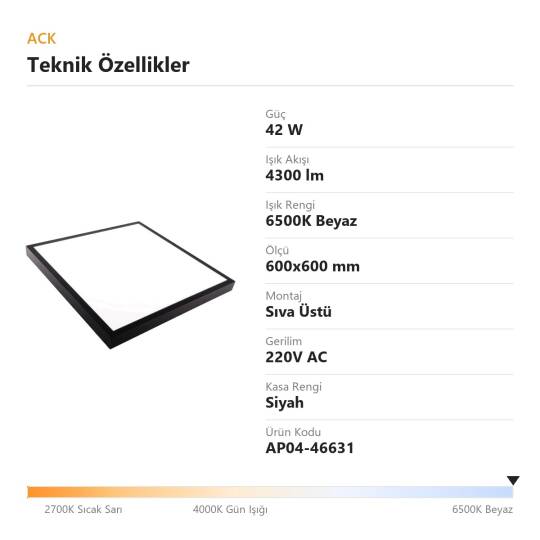 ACK 42W 6500K Beyaz Sıva Üstü Led Panel (600x600 Siyah Kasa) AP04-46631 - 4