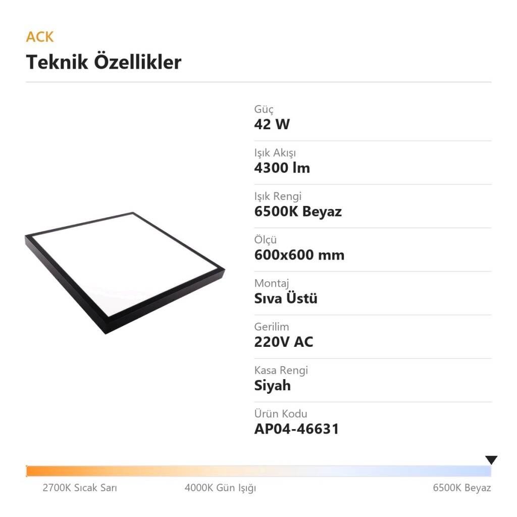 ACK 42W 6500K Beyaz Sıva Üstü Led Panel (600x600 Siyah Kasa) AP04-46631 - 4