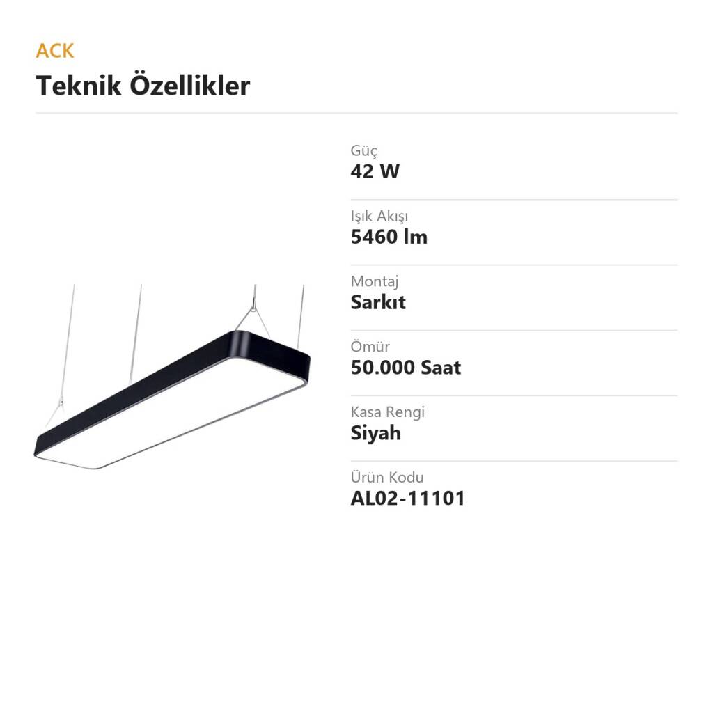 ACK 42W Geniş Çaplı Dekoratif Linear Sarkıt Armatür 20cmX100cm Dikdörtgen Geniş Siyah Kasa AL02-11101 - 4