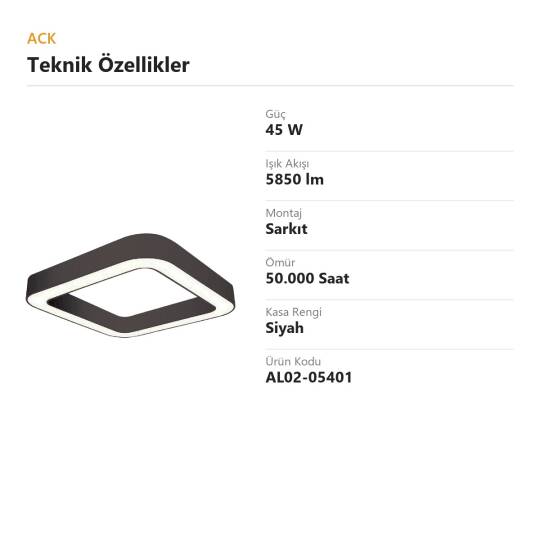 ACK 45W Geniş Çaplı Dekoratif Linear Sarkıt Armatür 40cmx40cm Kalın Çerçeve Kare Siyah Kasa AL02-05401 - 4