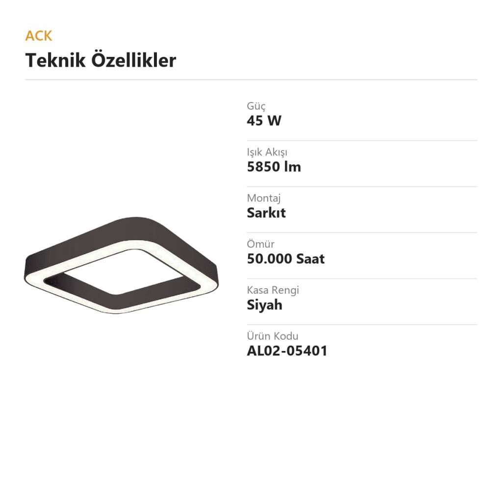 ACK 45W Geniş Çaplı Dekoratif Linear Sarkıt Armatür 40cmx40cm Kalın Çerçeve Kare Siyah Kasa AL02-05401 - 4