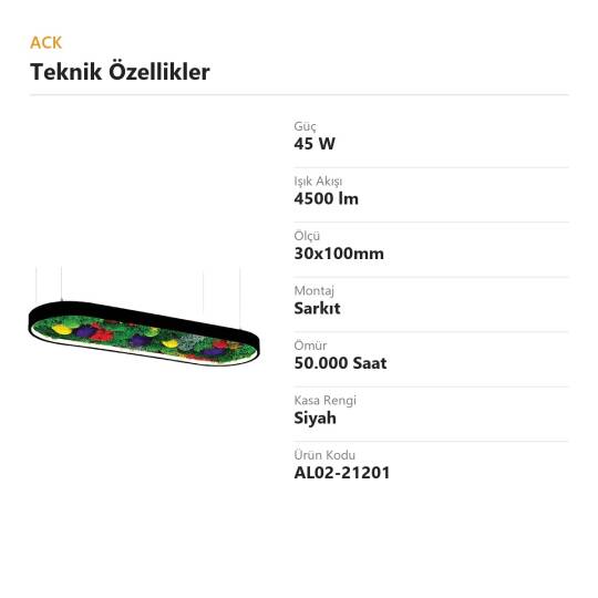 ACK 45W Yapay Yosunlu Biyofilik Dekoratif Linear Sarkıt 30x120 cm Oval Yosunlu Tavan Siyah Kasa AL02-21201 - 4