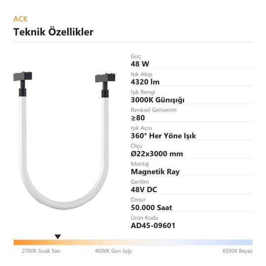 ACK 48W 3000K Günışığı 48V Magnetik Ray Armatürü Esnek Bükülebilir (Neon Hortum) Sarkıt AD45-09601 - 4