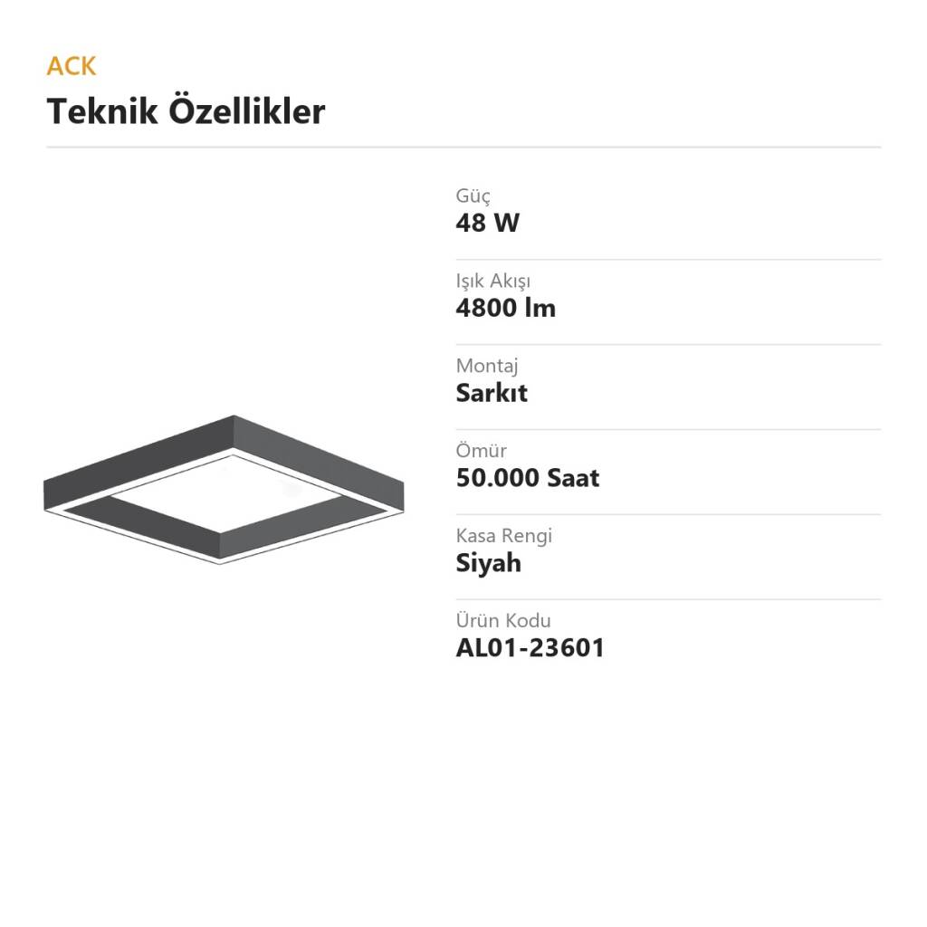 ACK 48W Geniş Çaplı Dekoratif Linear Sarkıt Armatür 70cmx70cm Çerçeve Kare Siyah Kasa AL01-23601 - 4