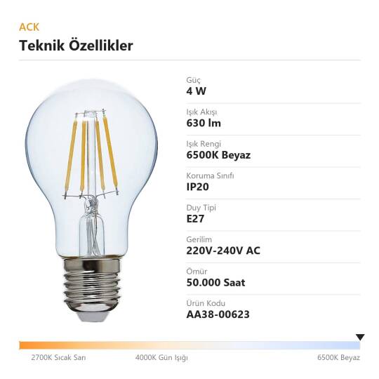 ACK 4W A60 6500K Beyaz LED Rustik Ampul AA38-00623 - 4
