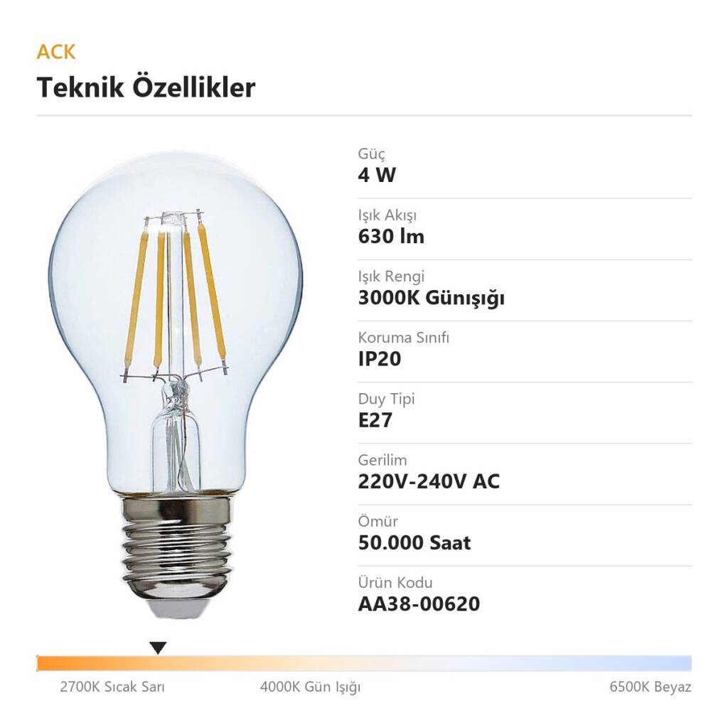 ACK 4W A60 3000K Günışığı LED Rustik Ampul AA38-00620 - 4