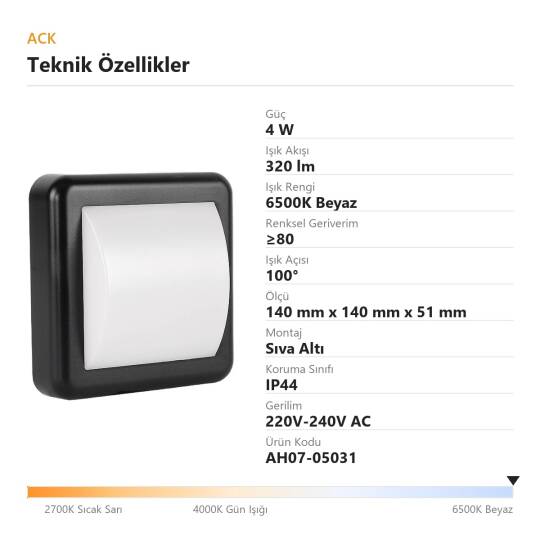 ACK 4W 6500K Beyaz 320lm Sıva Altı LED Spot (Siyah Kasa) AH07-05031 - 4