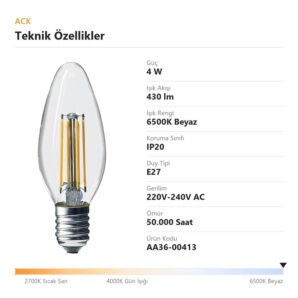 ACK 4W C35 6500K Beyaz LED Rustik Ampul AA36-00413 - 4