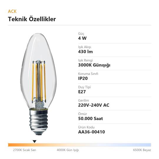 ACK 4W C35 3000K Günışığı LED Rustik Ampul AA36-00410 - 4
