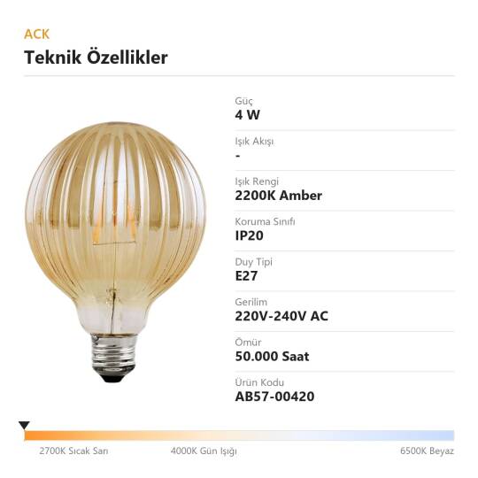 ACK 4W G100 Uzun Flaman 2200K Amber (Sıcak Vintage) LED Rustik Ampul AB57-00420 - 4
