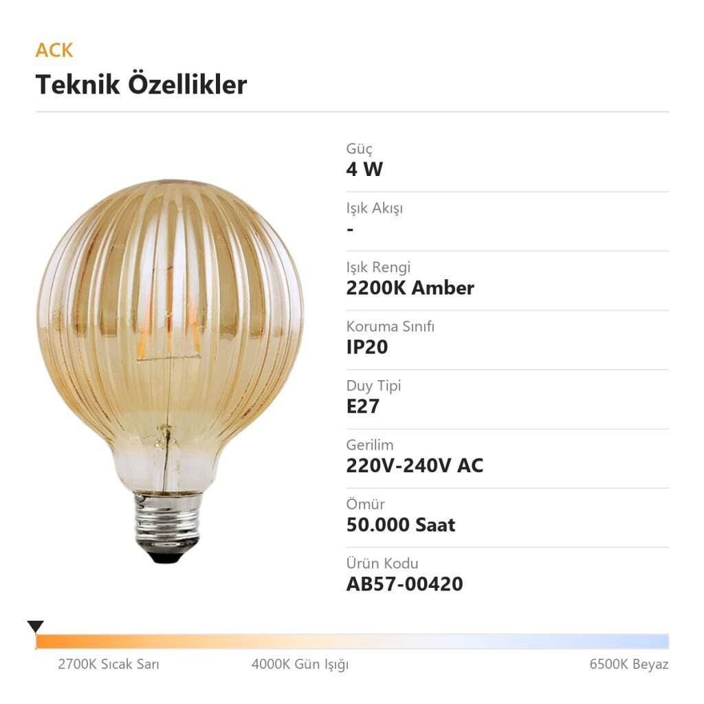 ACK 4W G100 Uzun Flaman 2200K Amber (Sıcak Vintage) LED Rustik Ampul AB57-00420 - 4