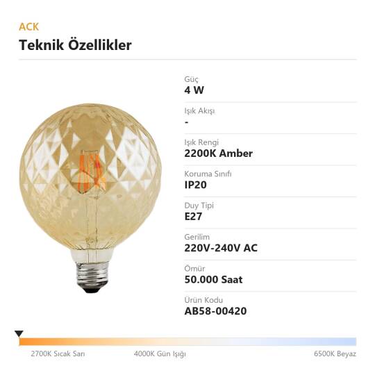 ACK 4W G125 Uzun Flaman 2200K Amber (Sıcak Vintage) LED Rustik Ampul AB58-00420 - 4