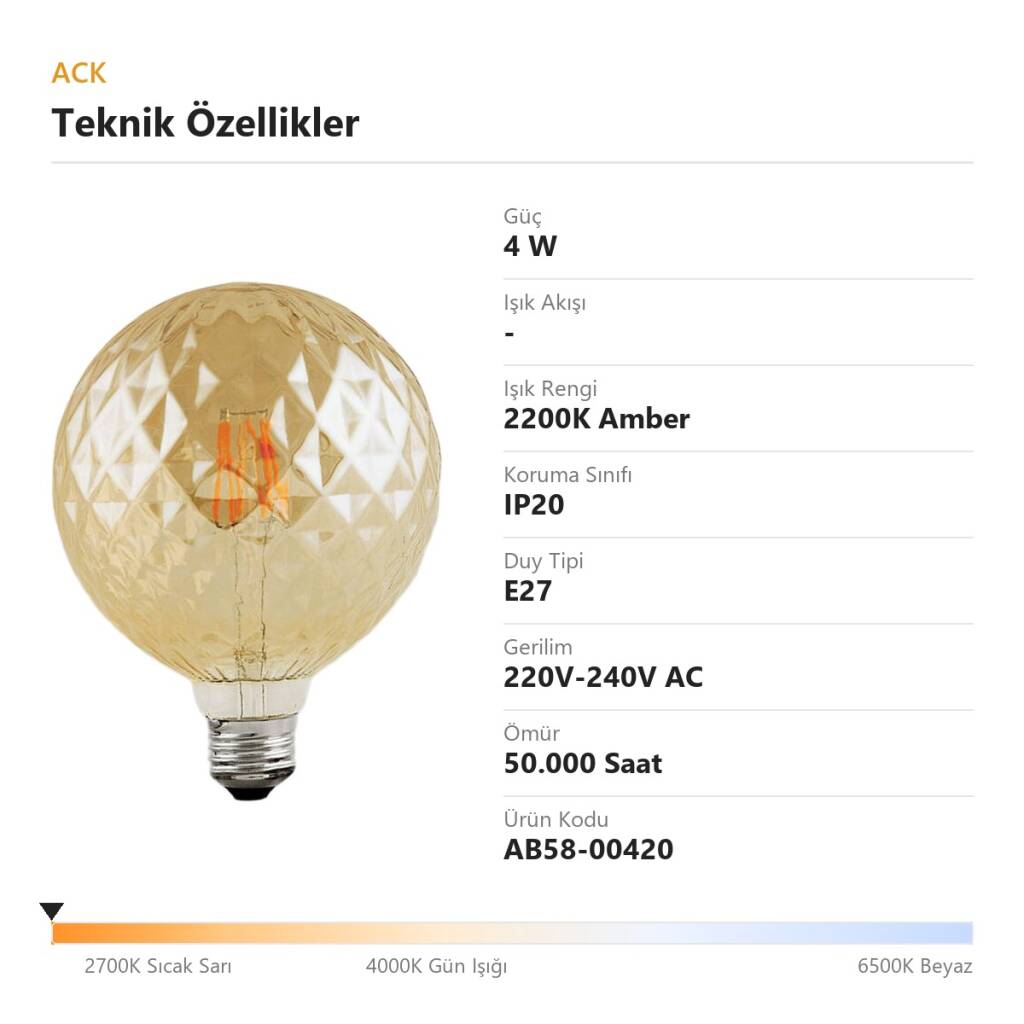 ACK 4W G125 Uzun Flaman 2200K Amber (Sıcak Vintage) LED Rustik Ampul AB58-00420 - 4