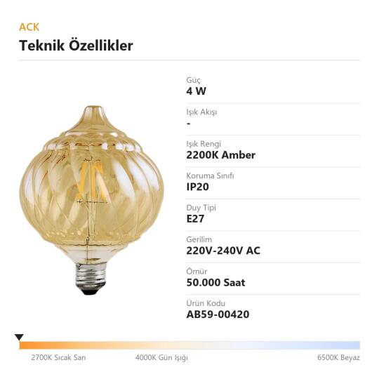 ACK 4W G125 Uzun Flaman 2200K Amber (Sıcak Vintage) LED Rustik Ampul AB59-00420 - 4