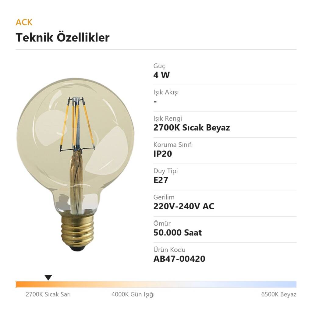 ACK 4W G95 2700K Sıcak Beyaz LED Rustik Ampul AB47-00420 - 4