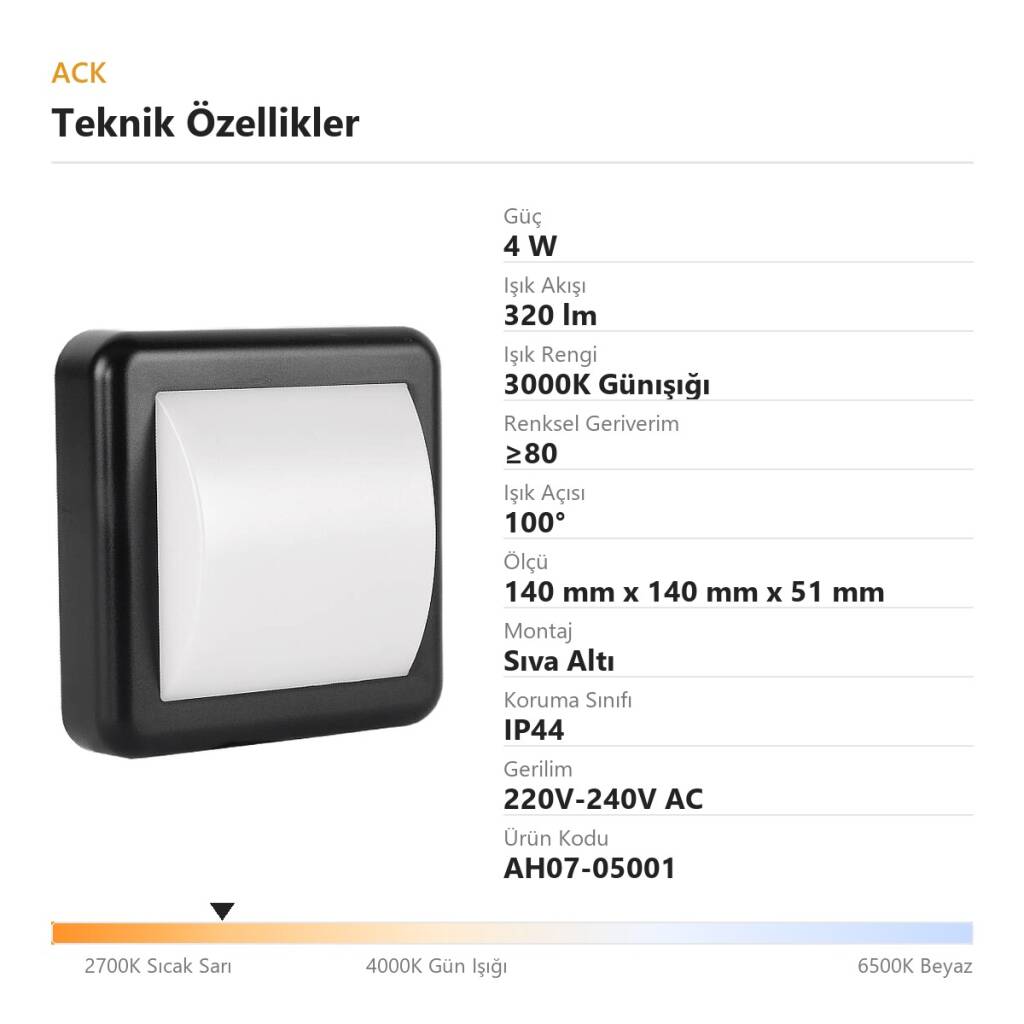 ACK 4W 3000K Günışığı 320lm Sıva Altı LED Spot (Siyah Kasa) AH07-05001 - 4