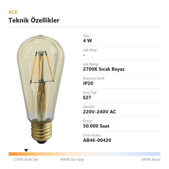 ACK 4W ST64 Uzun Flaman 2700K Sıcak Beyaz LED Rustik Ampul AB46-00420 - 4