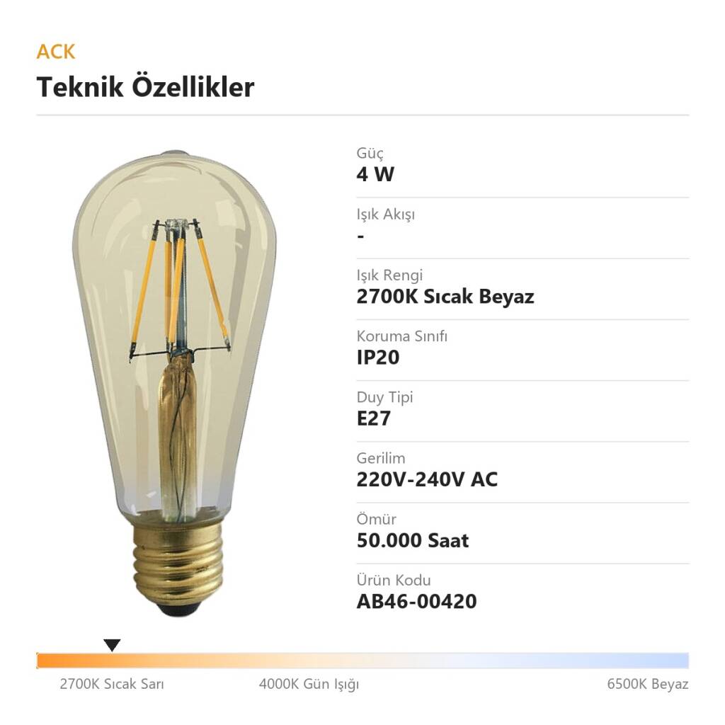 ACK 4W ST64 Uzun Flaman 2700K Sıcak Beyaz LED Rustik Ampul AB46-00420 - 4