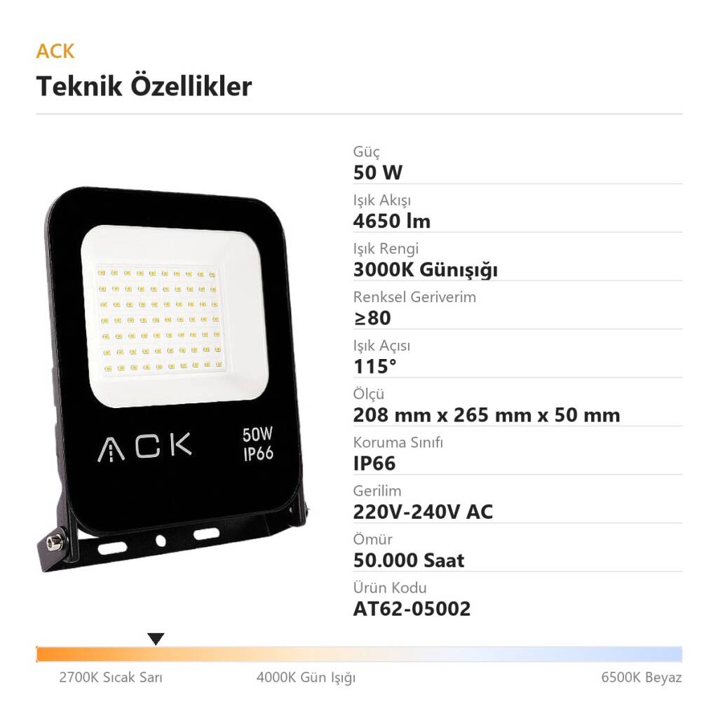 ACK 50W 3000K Günışığı LED Projektör AT62-05002 - 4