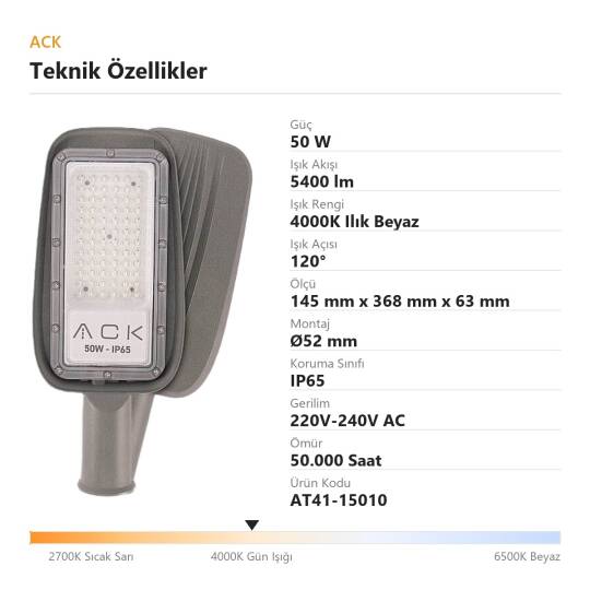 ACK 50W 4000K Ilık Beyaz 5400 lm LED Sokak Armatürü (Gri) AT41-15010 - 4