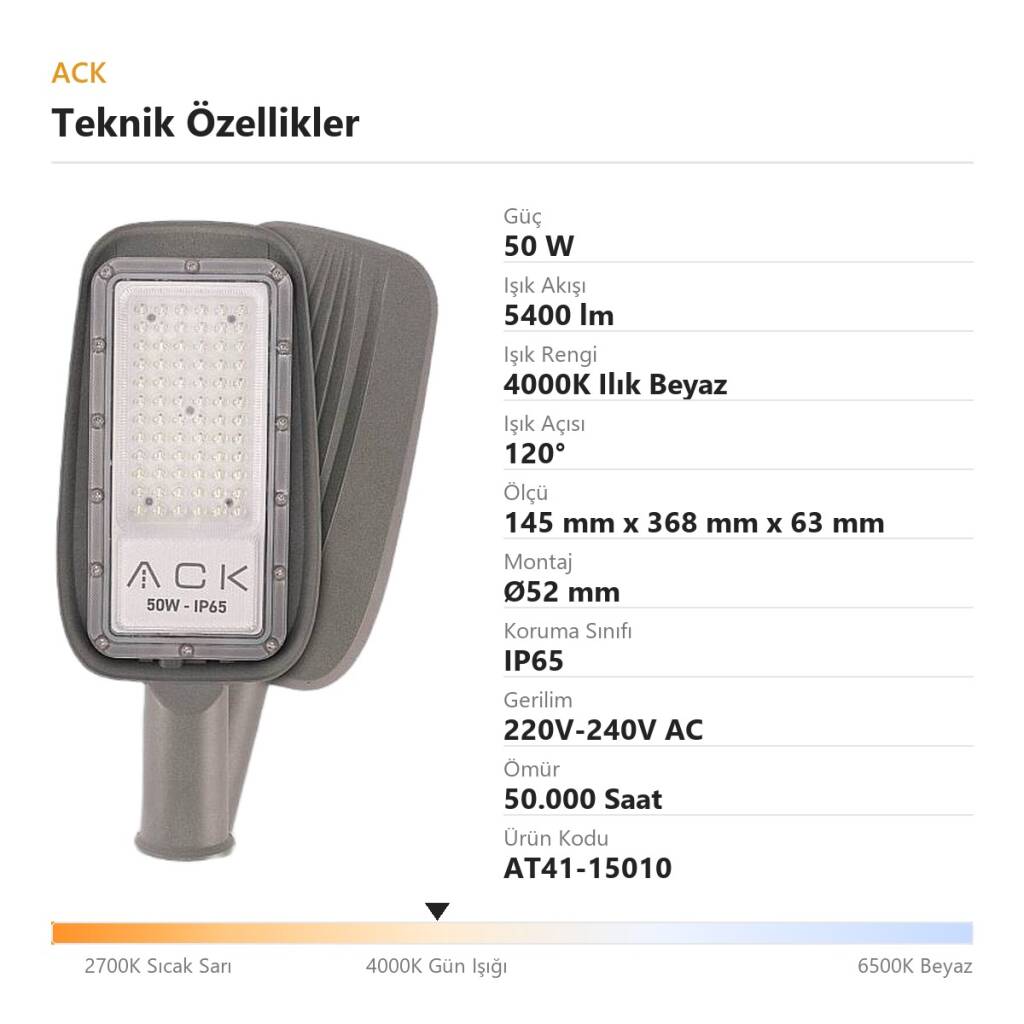ACK 50W 4000K Ilık Beyaz 5400 lm LED Sokak Armatürü (Gri) AT41-15010 - 4